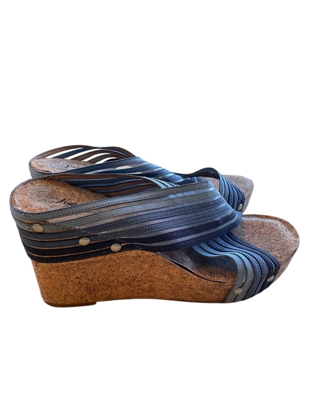 G7- Lucky Brand 9.5M Wedge Slide Sandals in Blue Striped Leather